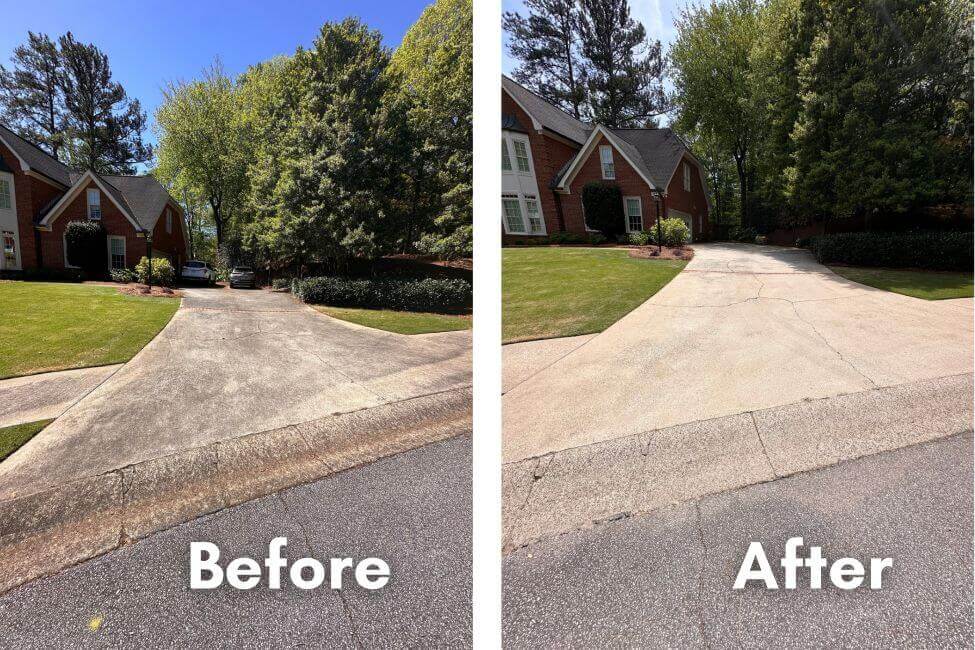 The same driveway before and after pressure washing, with Before and After labels